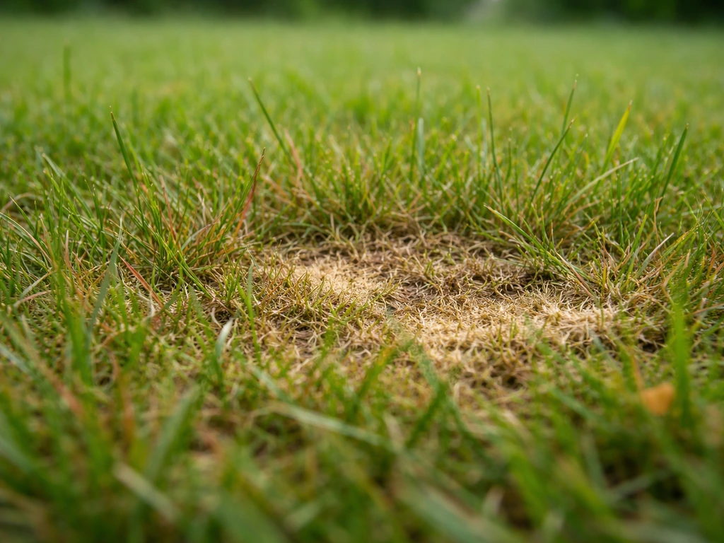 Gros plan sur une pelouse : graminées qui rosissent et petites taches brun-jaune irrégulières au sol.