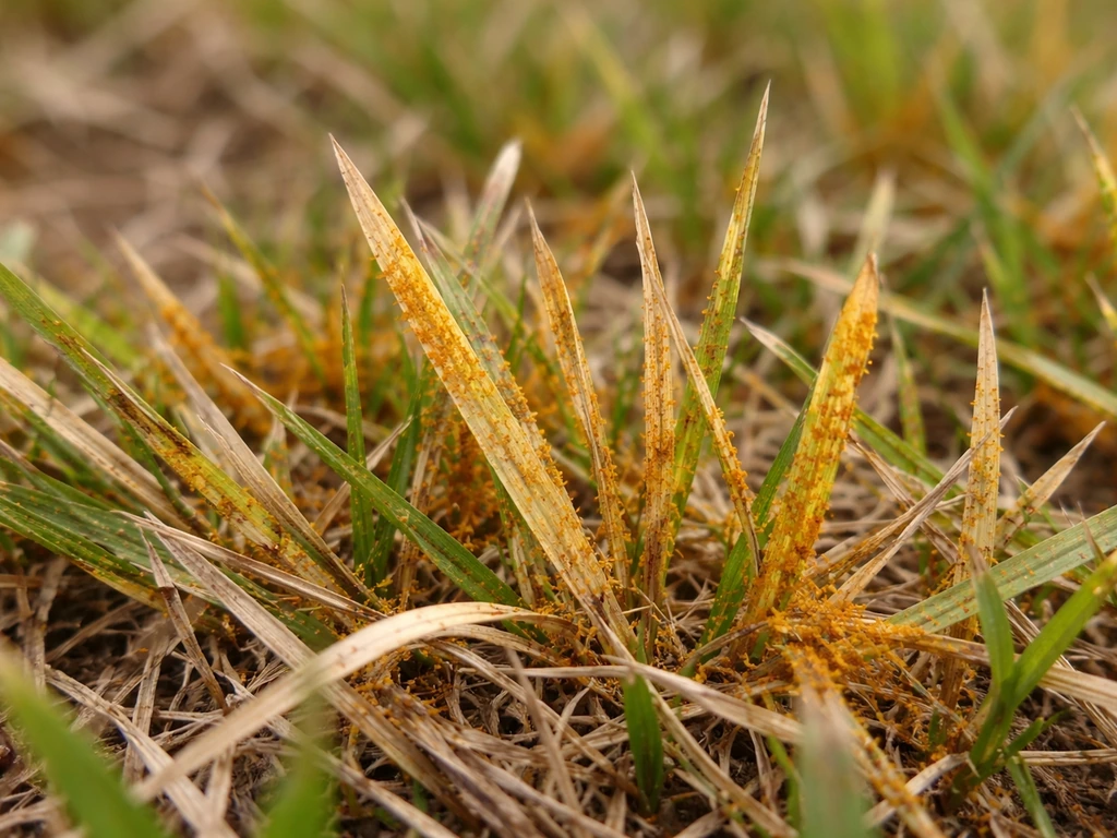 Gros plan de brins de gazon jaunis avec une fine poudre orangée de rouille visible après frottement.