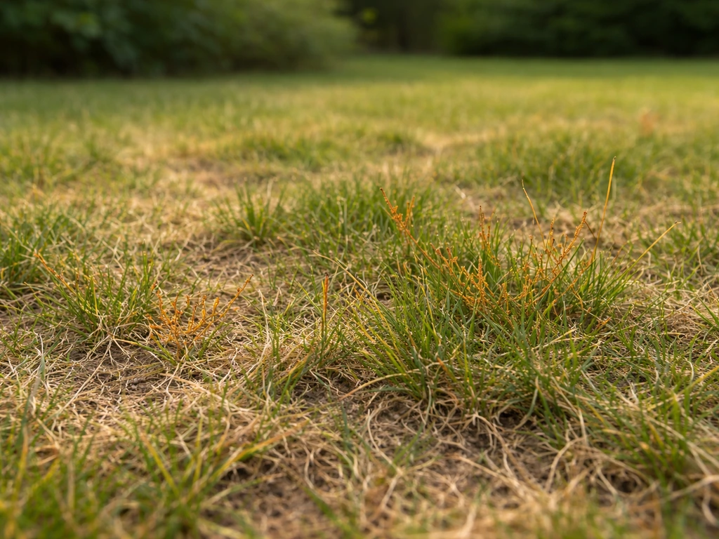 Pelouse clairsemée et affaiblie, avec quelques zones brun-rouille sur les brins d’herbe.