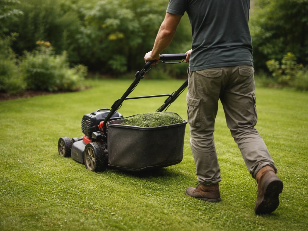 Un jardinier anonyme tond une pelouse avec une tondeuse collectant les résidus de coupe.
