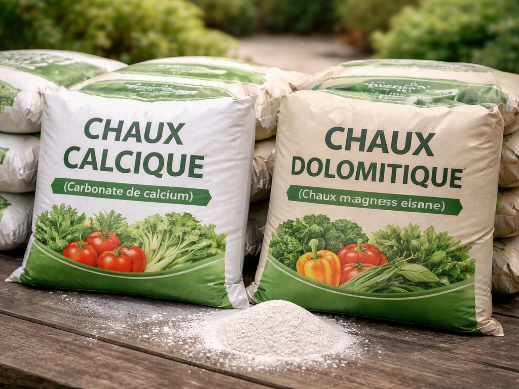 Gros plan sur des sacs de chaux calcique et dolomitique, emballages distincts sur une terrasse de jardin.