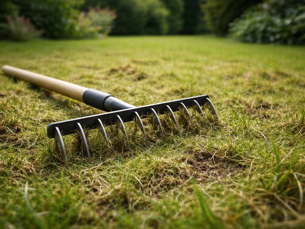 Pelouse de jardin préparée avec un râteau scarificateur, avant chaulage, sans personnes visibles.