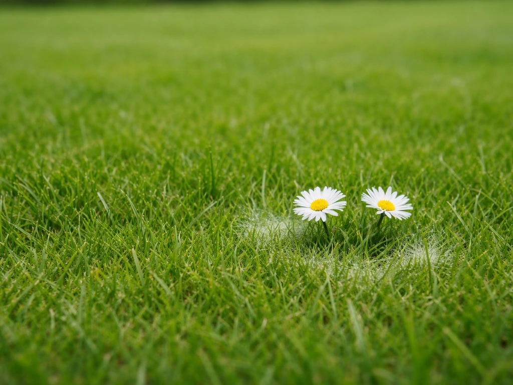 Pelouse verte avec une fleur blanche bien visible au milieu de l’herbe, zone blanchâtre légère autour.