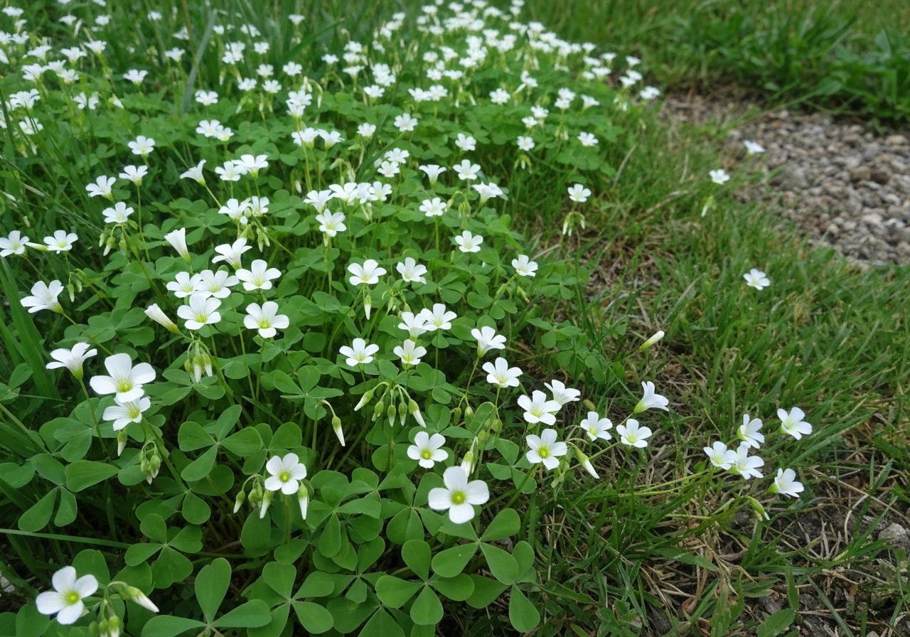 Rosettes de trèfle blanc et petites fleurs blanches dans une pelouse clairsemée, texture nette du gazon moins dense.