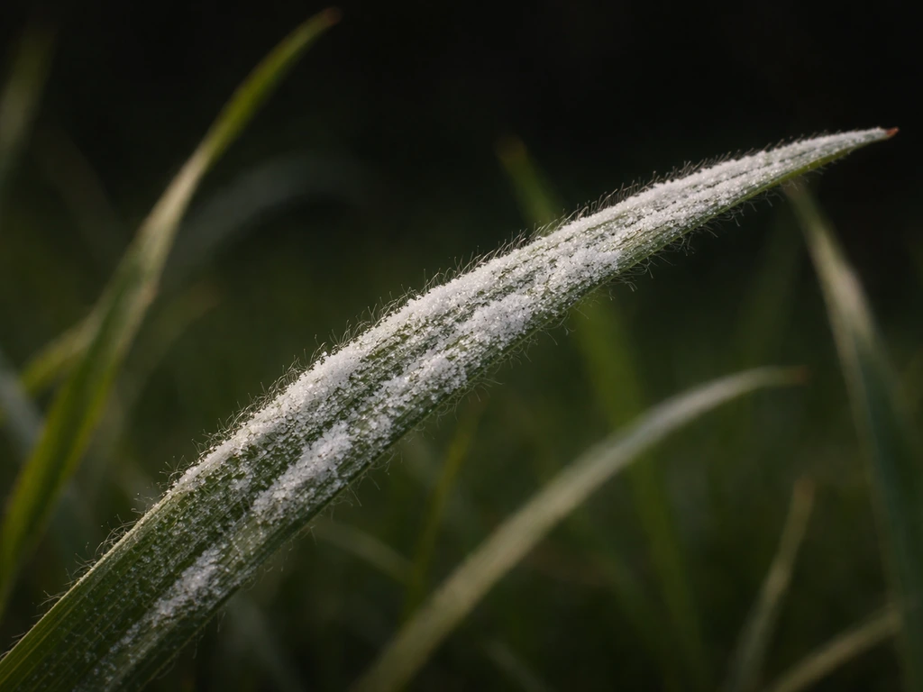 Voile blanchâtre poudreux d’oïdium sur des brins d’herbe, lumière rasante mettant en évidence le côté blanc.