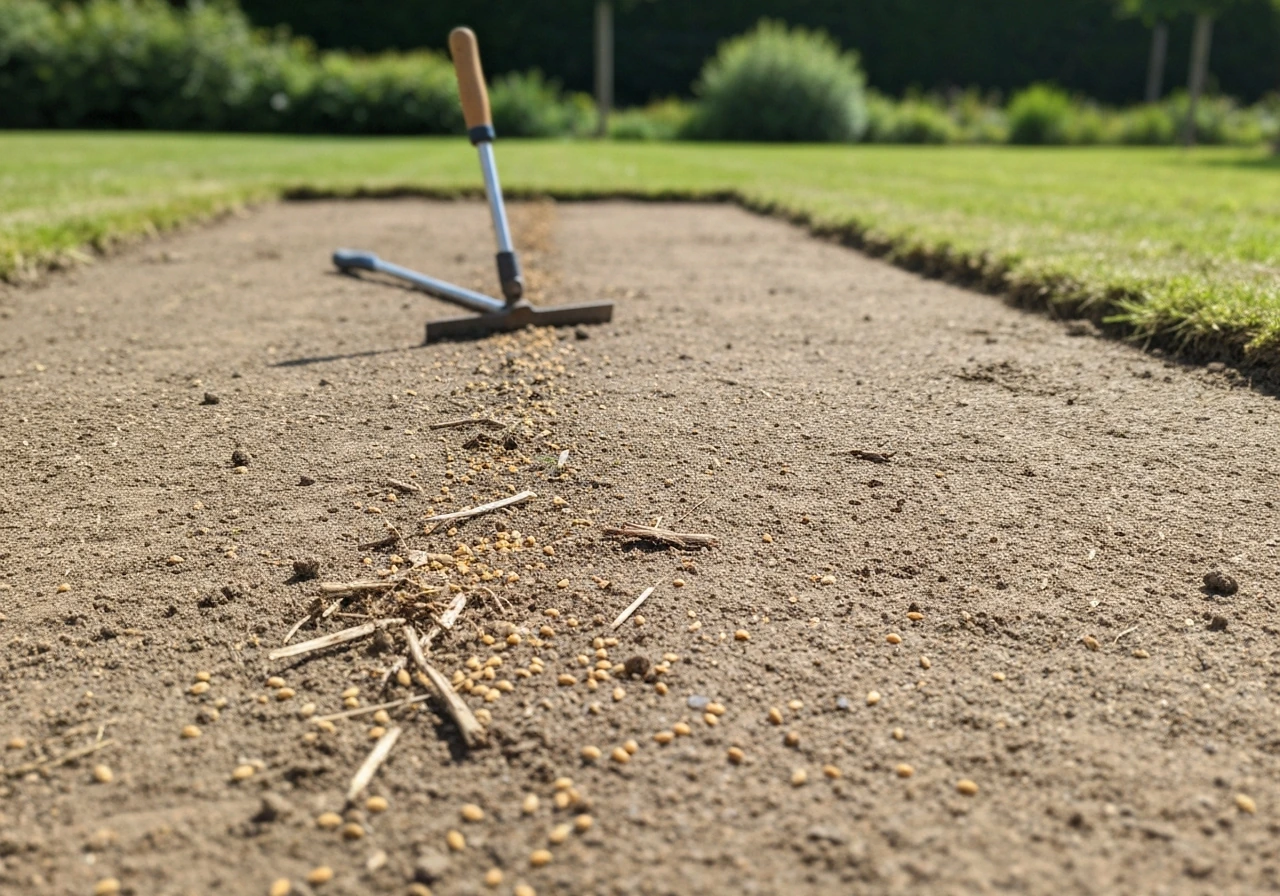 Pelouse fraîchement scarifiée : terre aérée et semences en surface, outils au sol près d’un jardin.
