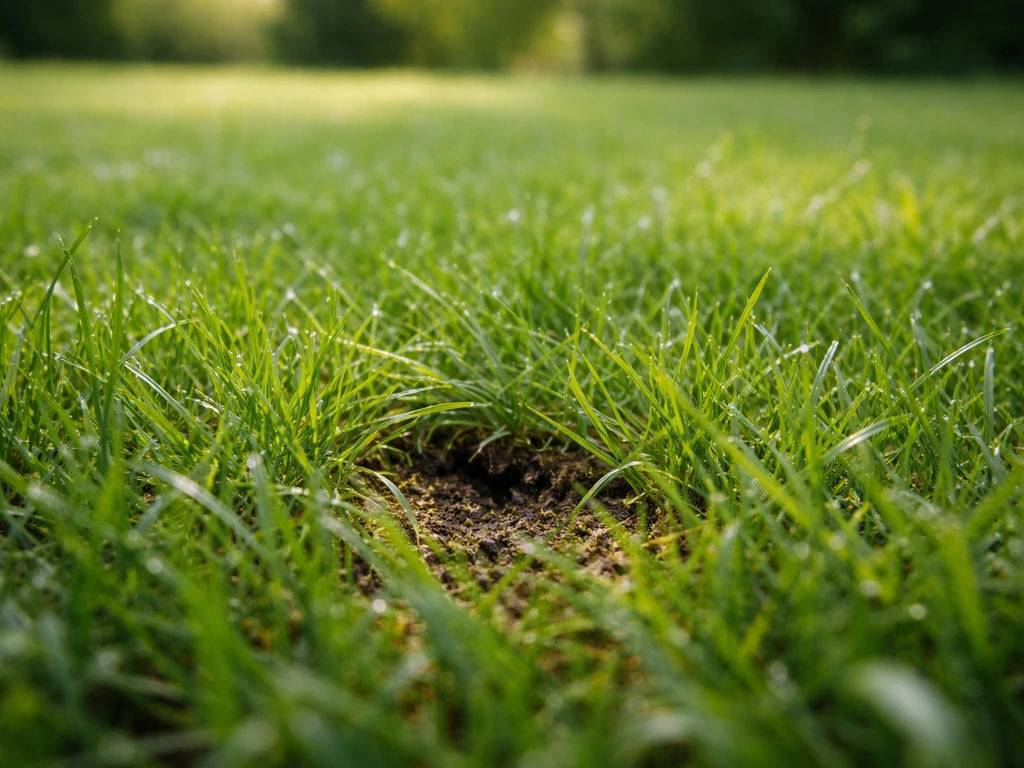 Gazon vert au premier plan, brins d’herbe légèrement écartés montrant une trace sombre au sol comme une puce