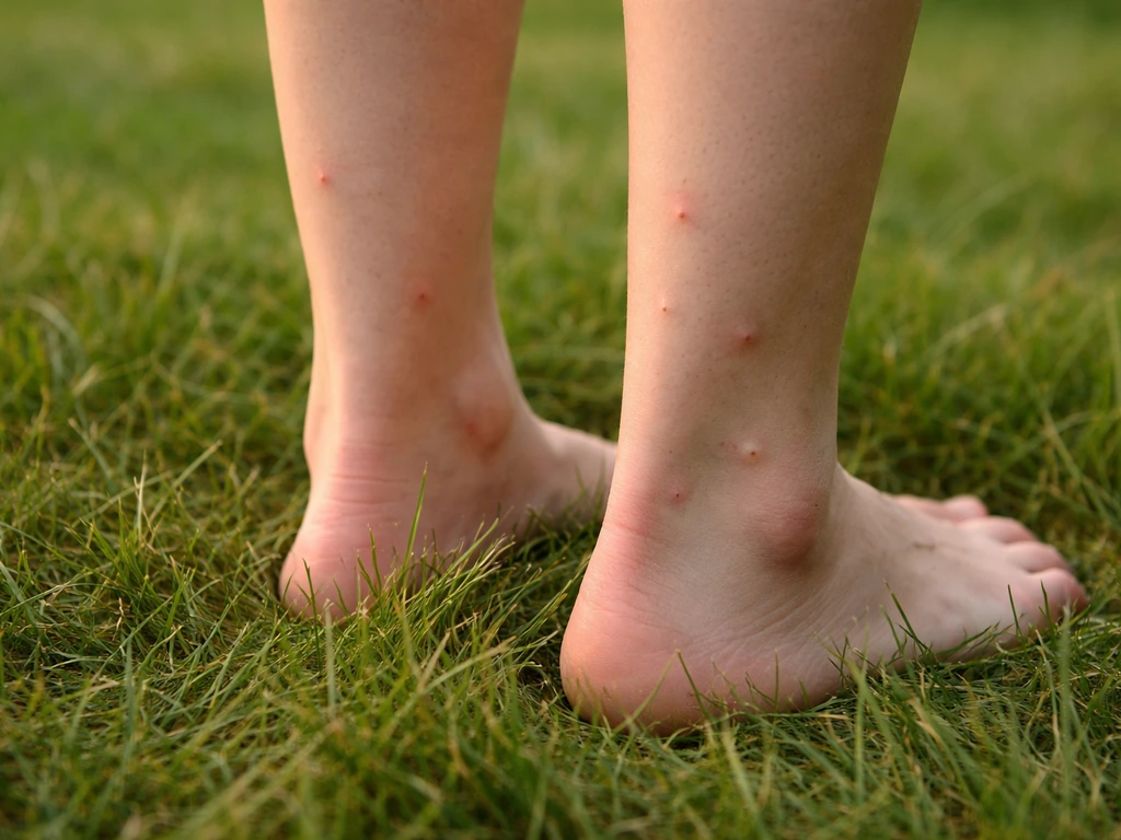 Chevilles et mollets dans l’herbe, avec de petites marques de piqûres suggérant des puces.