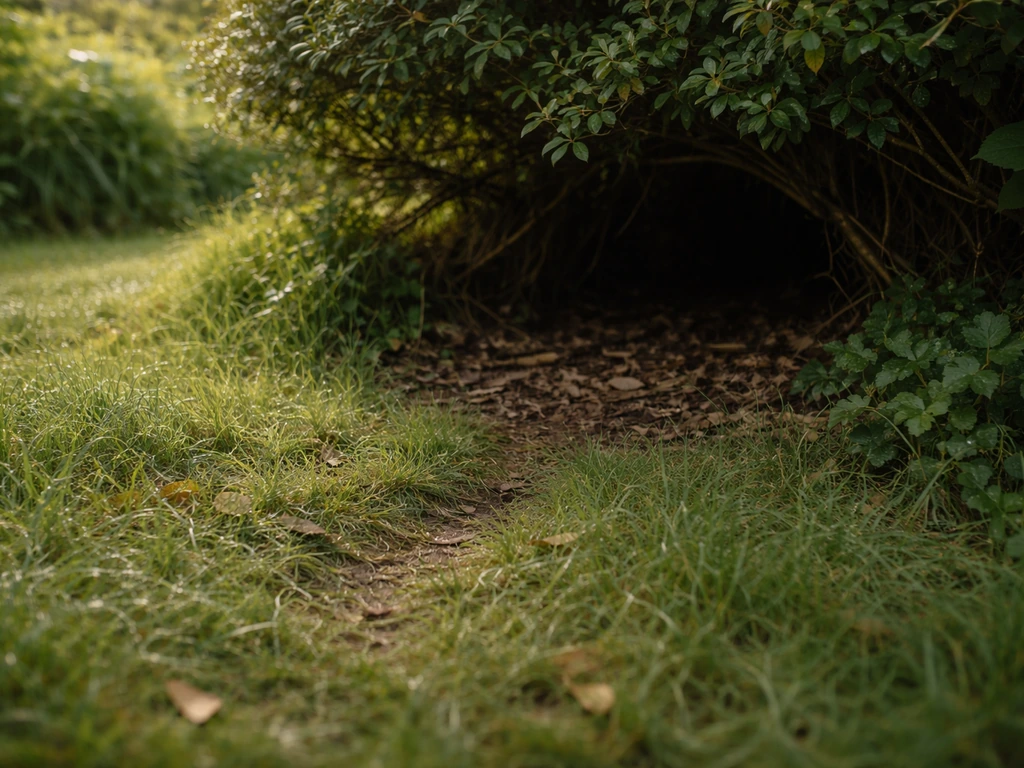 Jardin herbeux humide avec recoin abrité, où un animal pourrait passer, favorisant l’installation des puces.
