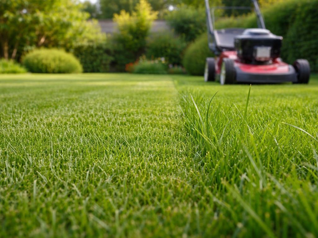 Pelouse fraîchement tondue à 5-7 cm, tondeuse au fond, repère visuel par la hauteur de l’herbe.