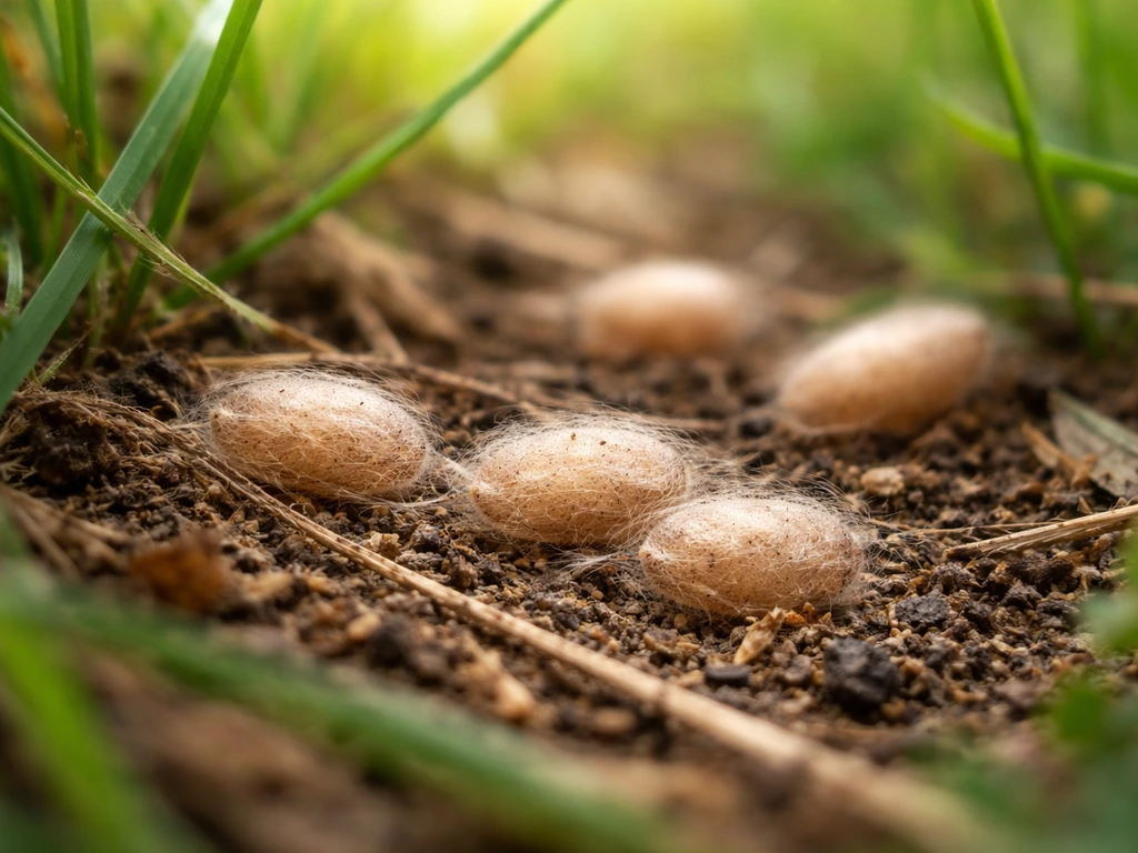 Petits cocons de puces visibles entre l’herbe et la litière, sur le sol, lumière naturelle.