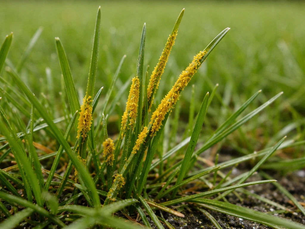 Gros plan d’une touffe de gazon avec dépôts jaunâtres « poudre jaune », texture et zone atteinte visibles.