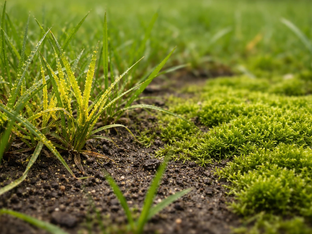 Gros plan sur gazon : une zone avec poudre jaune à côté d’une mousse verte, texture et emplacement visibles.