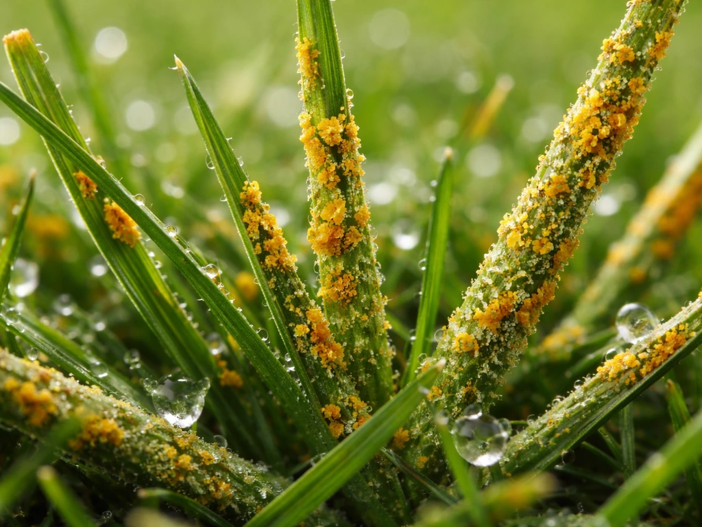 Gros plan de brins d’herbe couverts de petites pustules orangées de rouille, avec poudre jaune sur le feuillage.