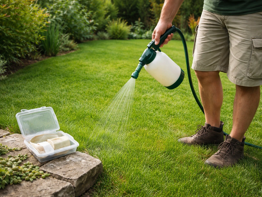 Arrosage d’une pelouse avec un pulvérisateur, boîte de nématodes à côté, pour traiter les vers blancs.