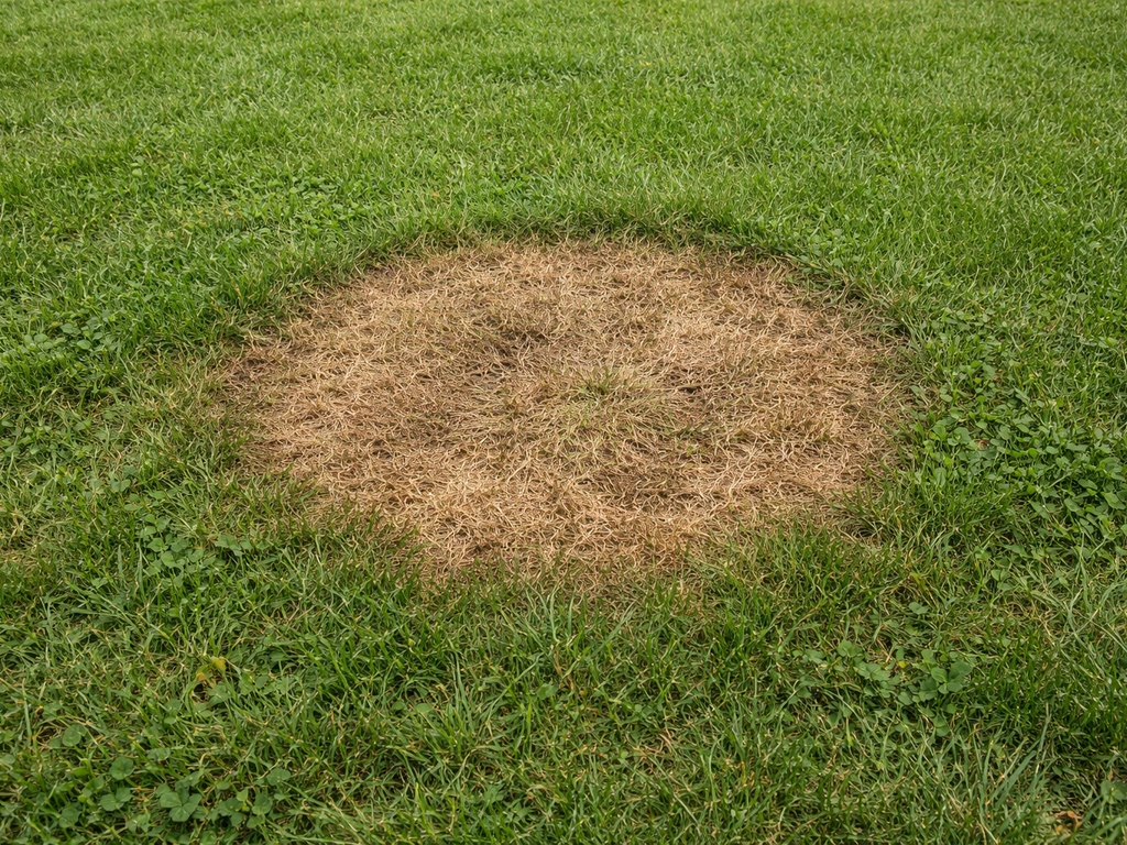 Gazon avec une zone brunie marquée, bordure légèrement plus sombre, vue rapprochée pour illustrer une plaque brune.