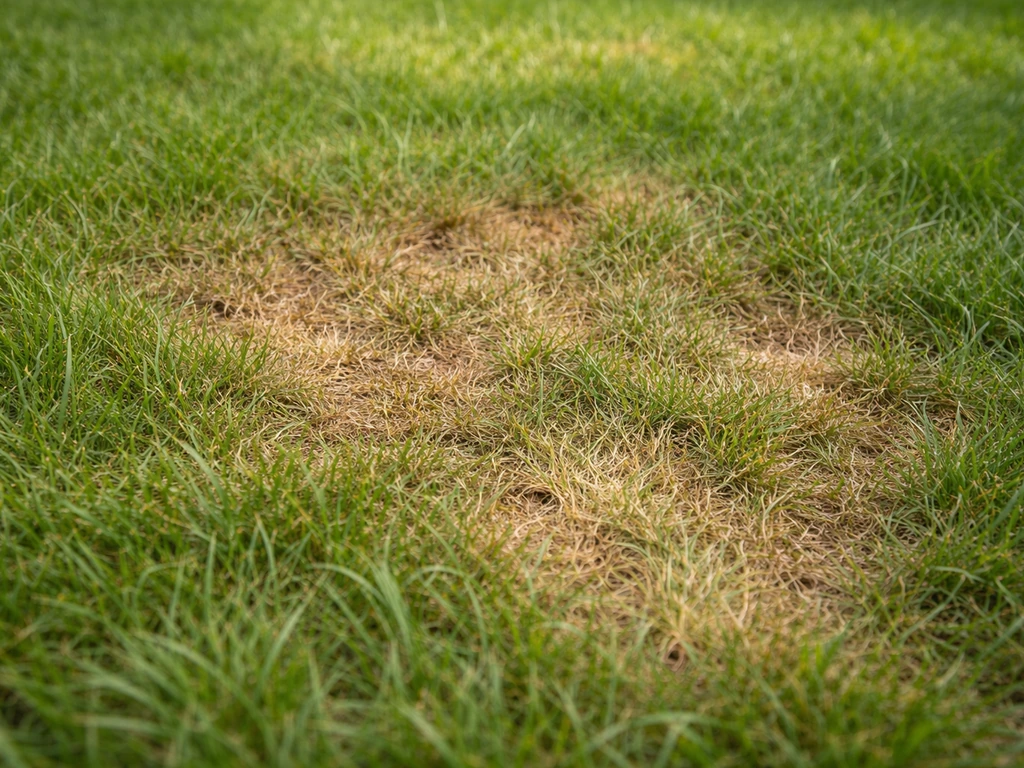 Gazon de pelouse avec zones brunies et texture abîmée après chaleur et humidité