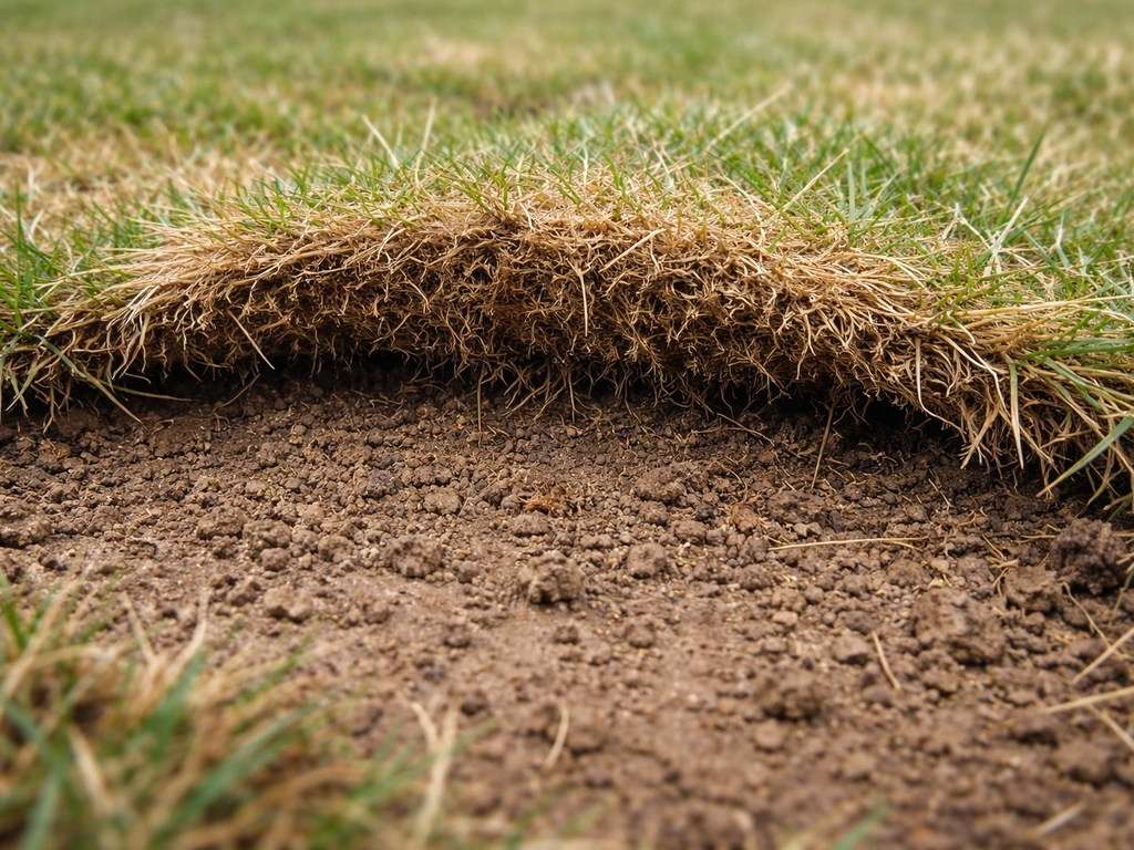 Gazon clairsemé et sol compacté, on distingue le feutre au niveau des racines et l’herbe stressée.