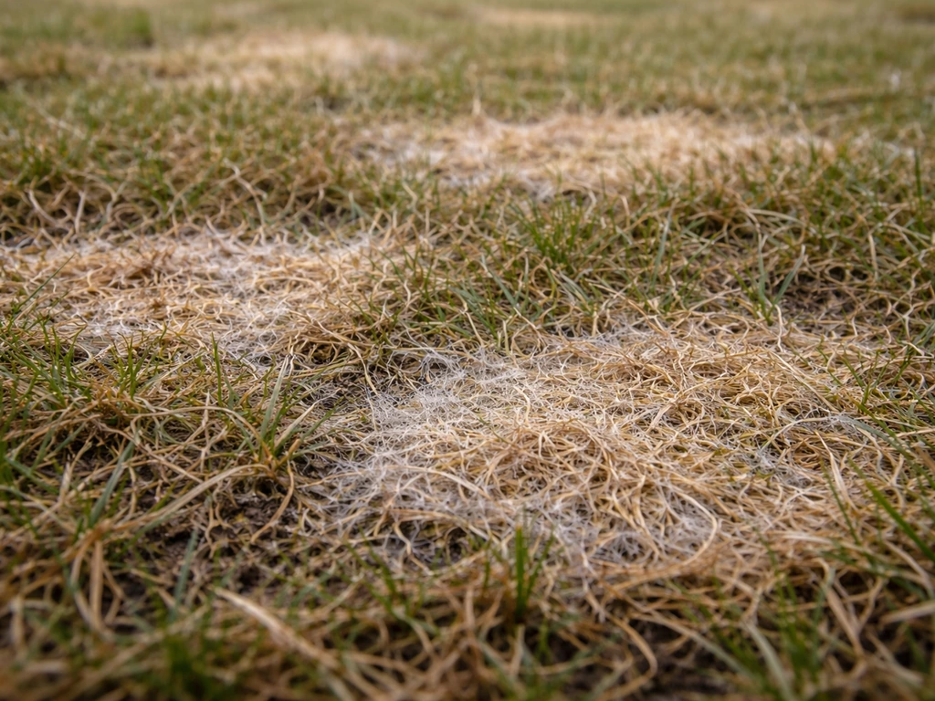 Pelouse de gazon en hiver avec plaques irrégulières paille-brun et traces discrètes de mycélium.