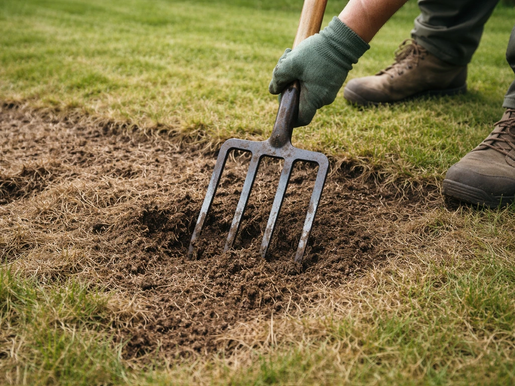 Fourche-bêche enfoncée dans une pelouse, feutre visible, zone récemment aérée et sol plus sec