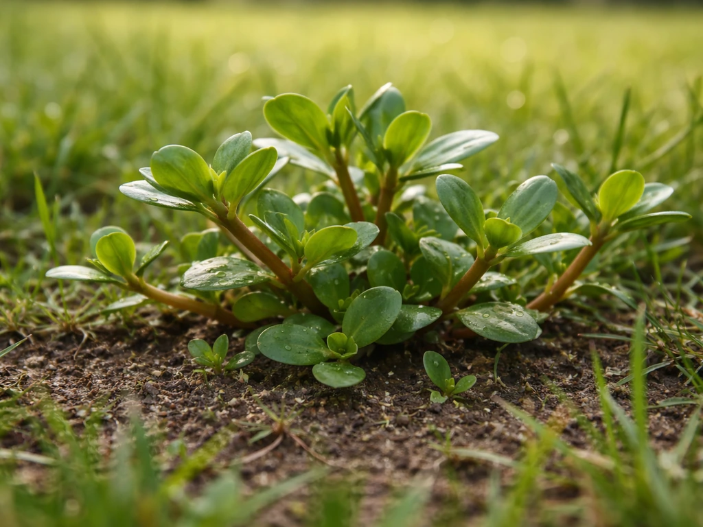 Gros plan du pourpier potager dans une pelouse, tiges charnues et feuilles luisantes au ras du sol.