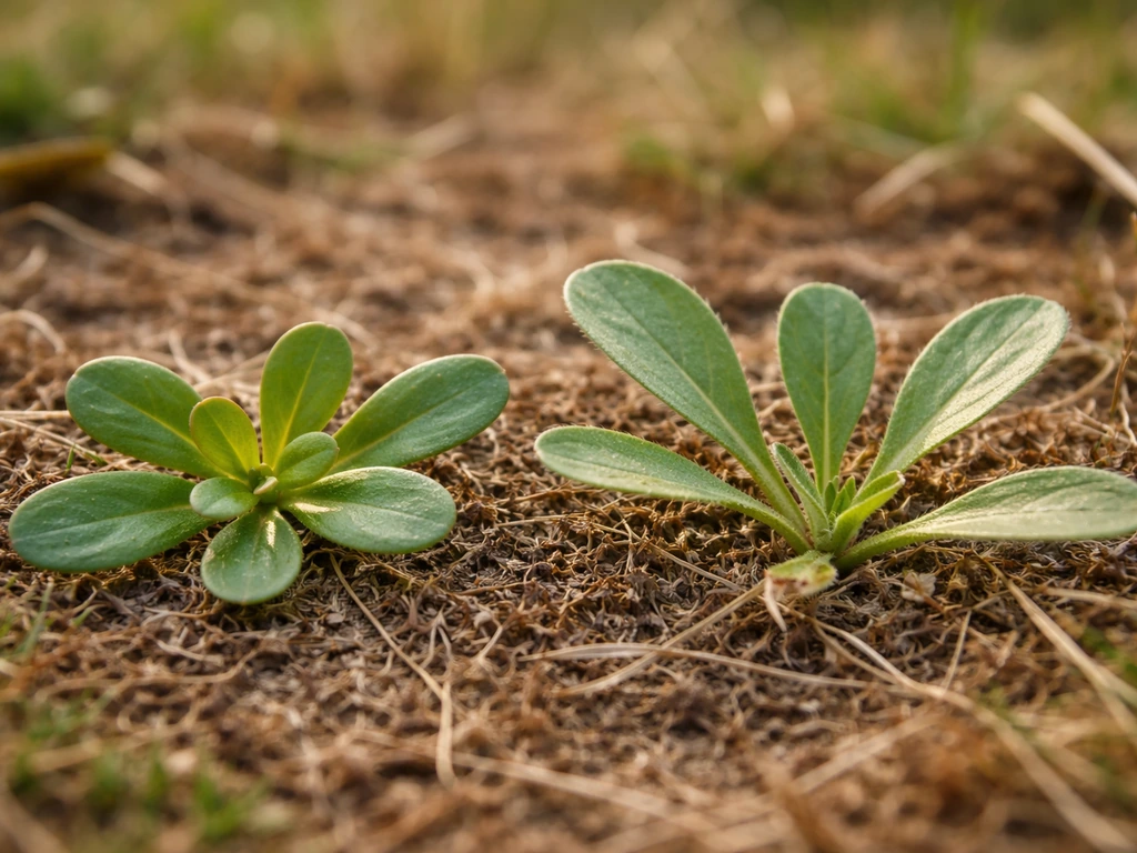 Plan rapproché de feuilles de pourpier et d’une plante voisine, côte à côte, pour comparer les formes.