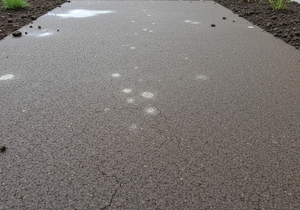 Sol de jardin compacté avec pellicule/croûte après pluie, texture dure et peu poreuse, sans plantes ni personnes.