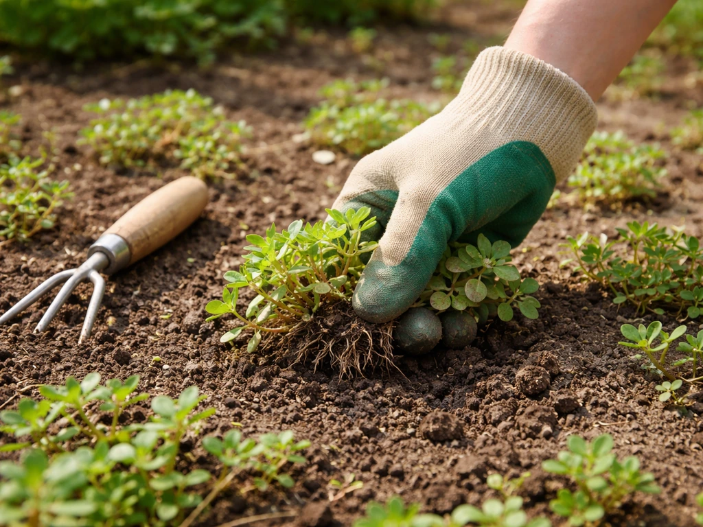 Main gantée qui arrache du pourpier au plus près du sol, dans une petite zone infestée de jardin