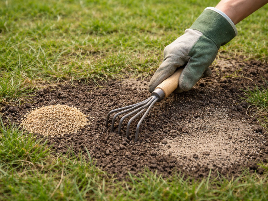Main qui replante un gazon : grattage du sol puis semis de graines près d’une pelouse clairsemée.