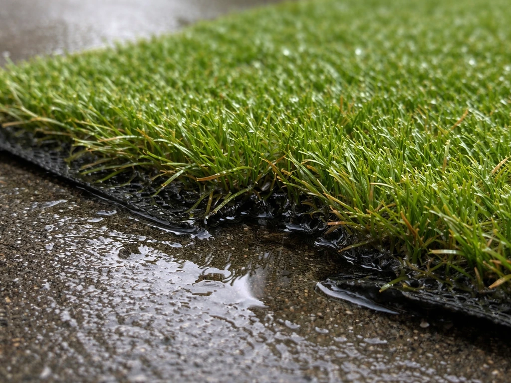 Faux gazon avec eau stagnante, fibres synthétiques visibles et légère déformation au bord