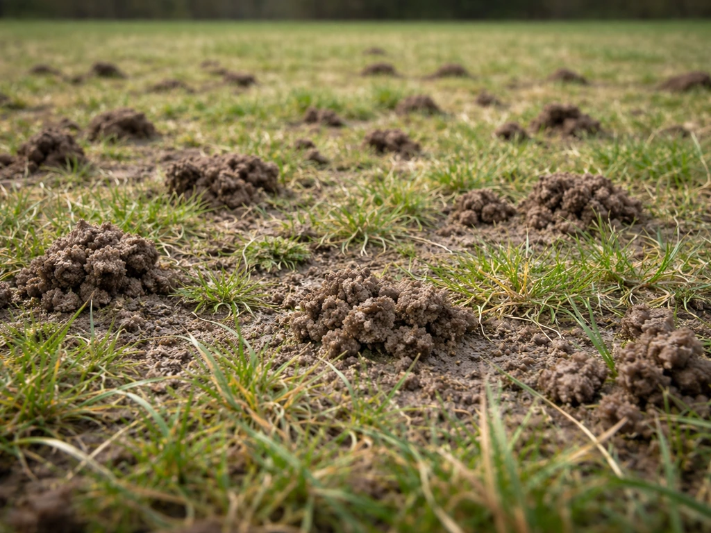 Gros plan d’une pelouse avec de nombreux turricules de vers de terre et un sol inégal.