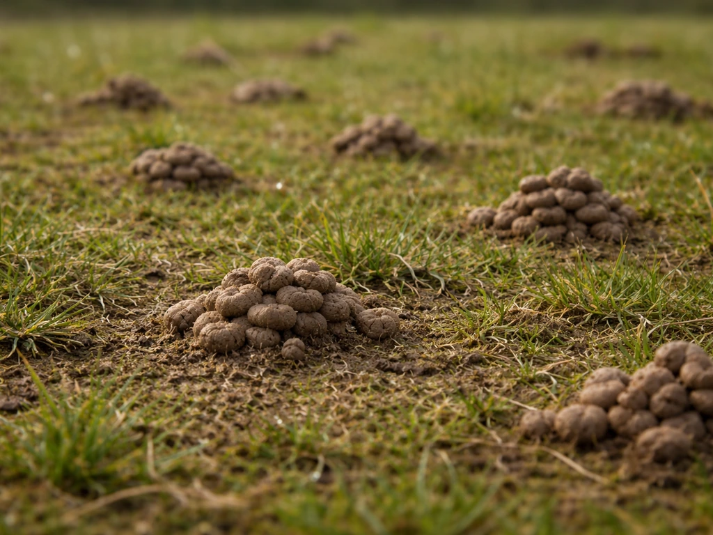 Gros plan de turricules de vers de terre sur une pelouse, bien visibles sur la terre environnante.