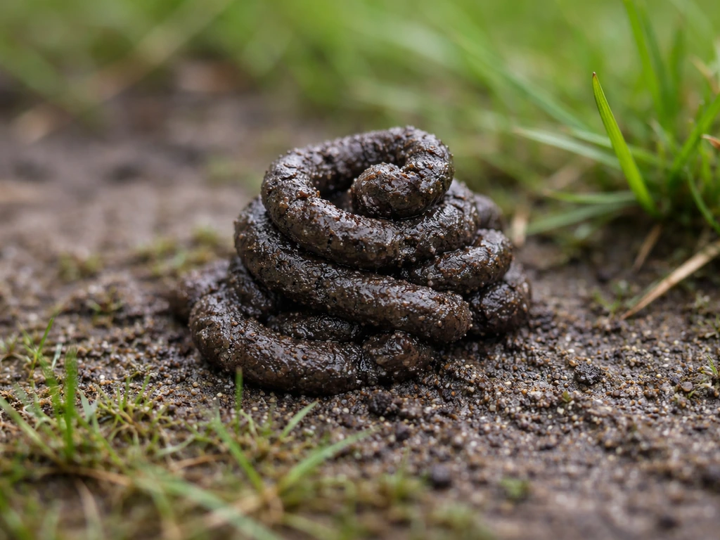 Gros plan d’un turricule de terre fine sombre, mouillé, près d’un brin de gazon