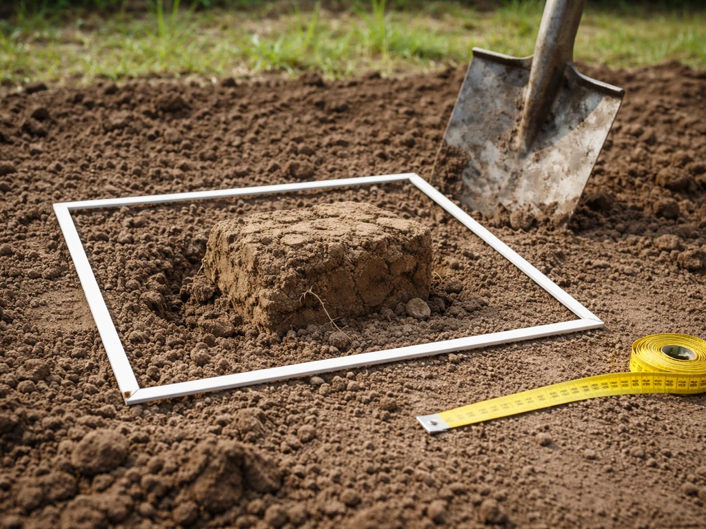 Bloc de terre extrait dans un carré de 20x20 cm au jardin, prêt pour le comptage des vers, sans personne visible.