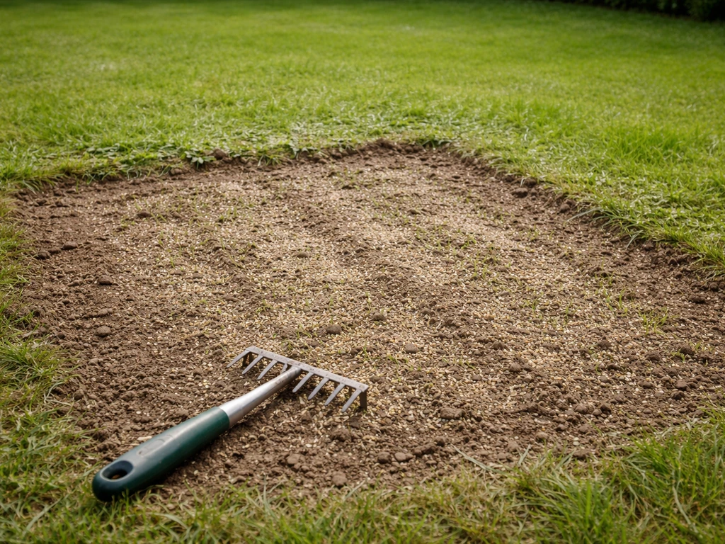 Zone de pelouse scarifiée et sursemée, avec nouvelle pousse, râteau à côté, jardin minimal.