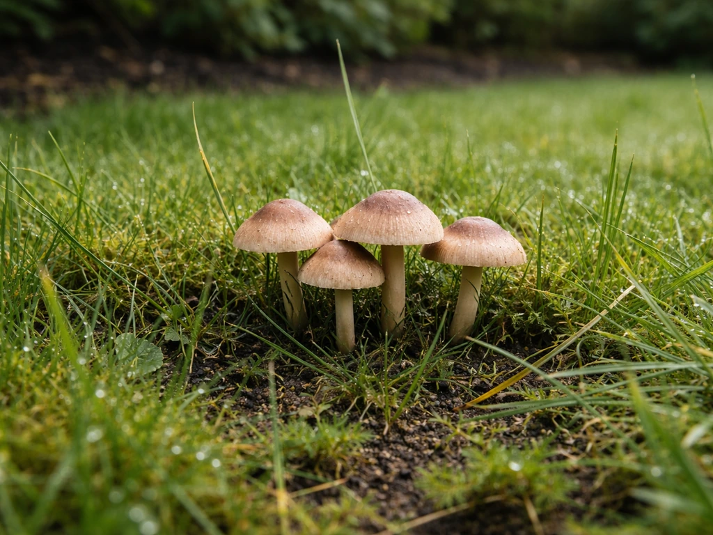 Pelouse de jardin humide avec plusieurs champignons visibles entre l’herbe, ambiance printemps.