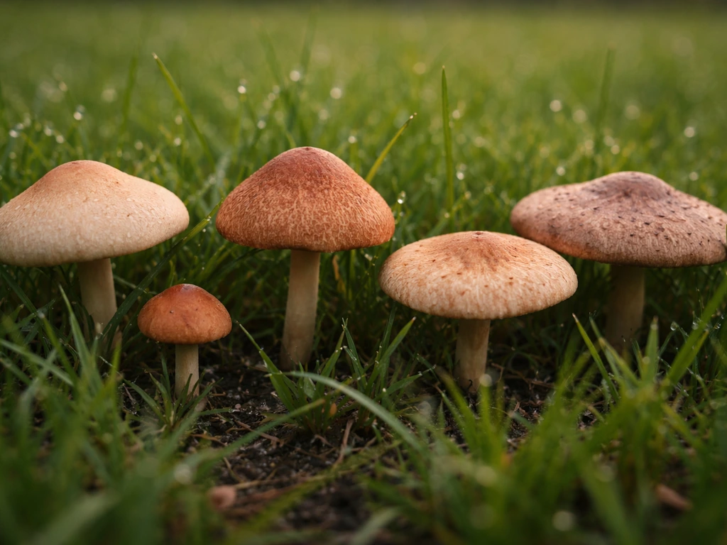 Gros plan sur plusieurs champignons de pelouse aux chapeaux et couleurs variées, sur l’herbe humide.