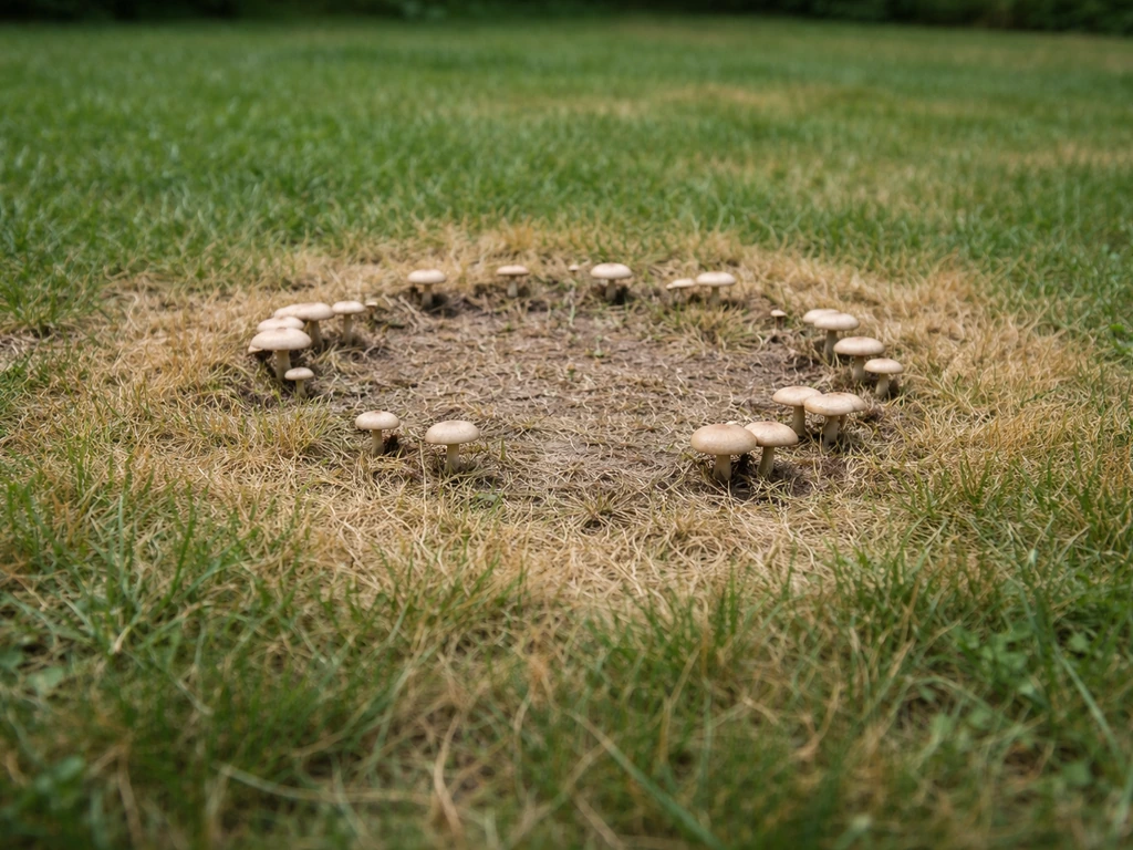Pelouse jaunie et clairsemée avec champignons en anneau, démarcation nette entre herbe saine et morte.