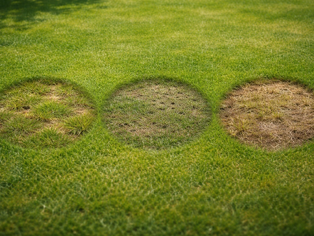 Trois zones de pelouse côte à côte montrant des débuts de dégâts différents et localisés