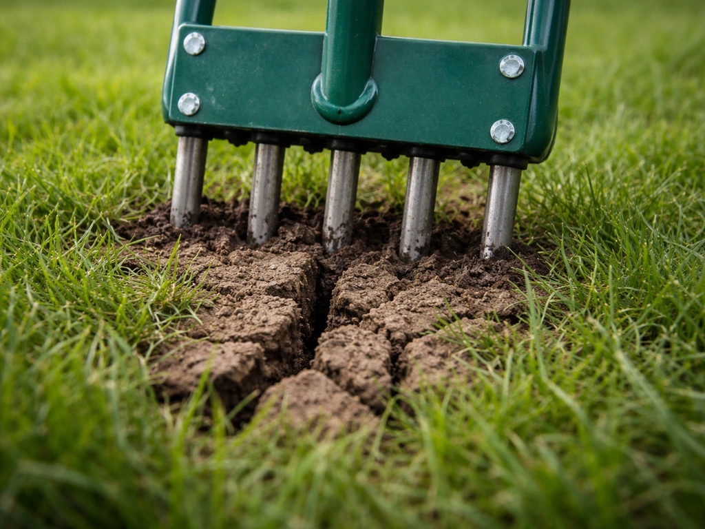 Aérateur sur une pelouse, sol fissuré et légèrement ouvert, illustrant le compactage favorisant les larves