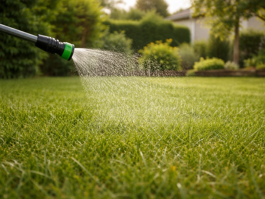 Une pluie fine arrose une pelouse intacte pendant un traitement biologique aux nématodes.