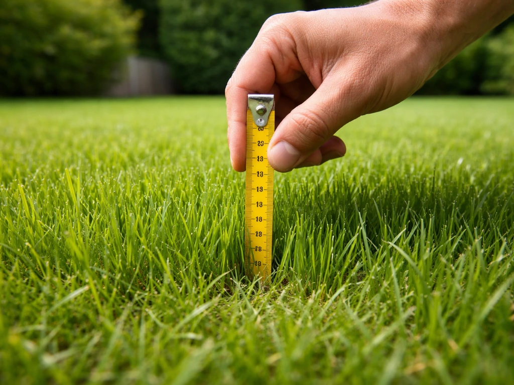 Main mesurant la hauteur de coupe d’une pelouse dense, brins d’herbe autour de 5 à 7 cm.