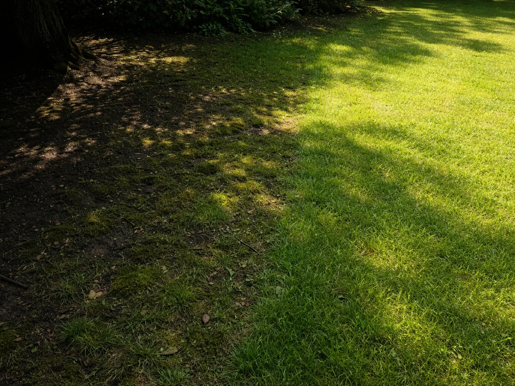 Comparaison au jardin : mousse sous un arbre à l’ombre dense, pelouse plus sèche en plein soleil.