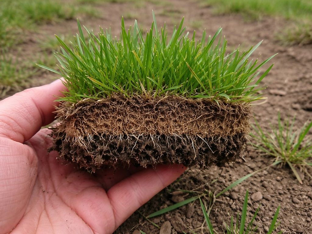 Petite touffe de gazon arrachée, couche brune spongieuse visibles entre l’herbe et la terre.