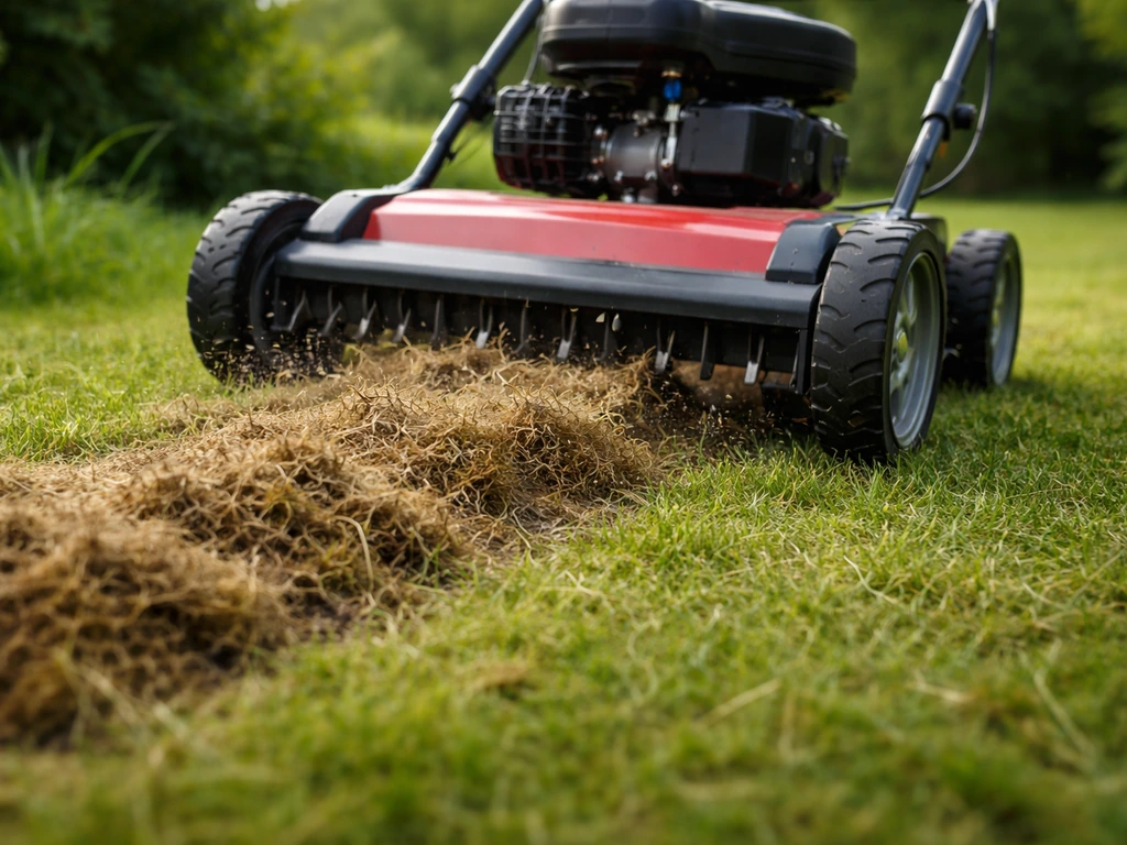 Scarificateur à roulettes en action sur une pelouse, griffe le sol et soulève le feutrage