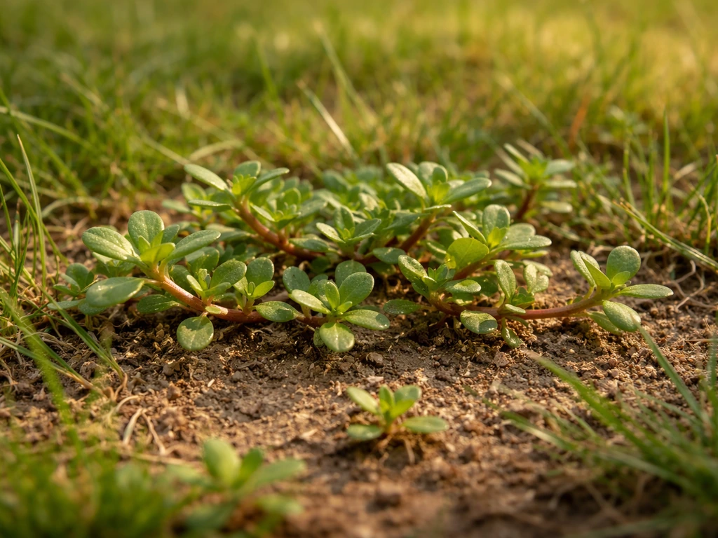 Gros plan de plants de pourpier poussant dans une pelouse claire, sol nu visible entre les brins d’herbe.
