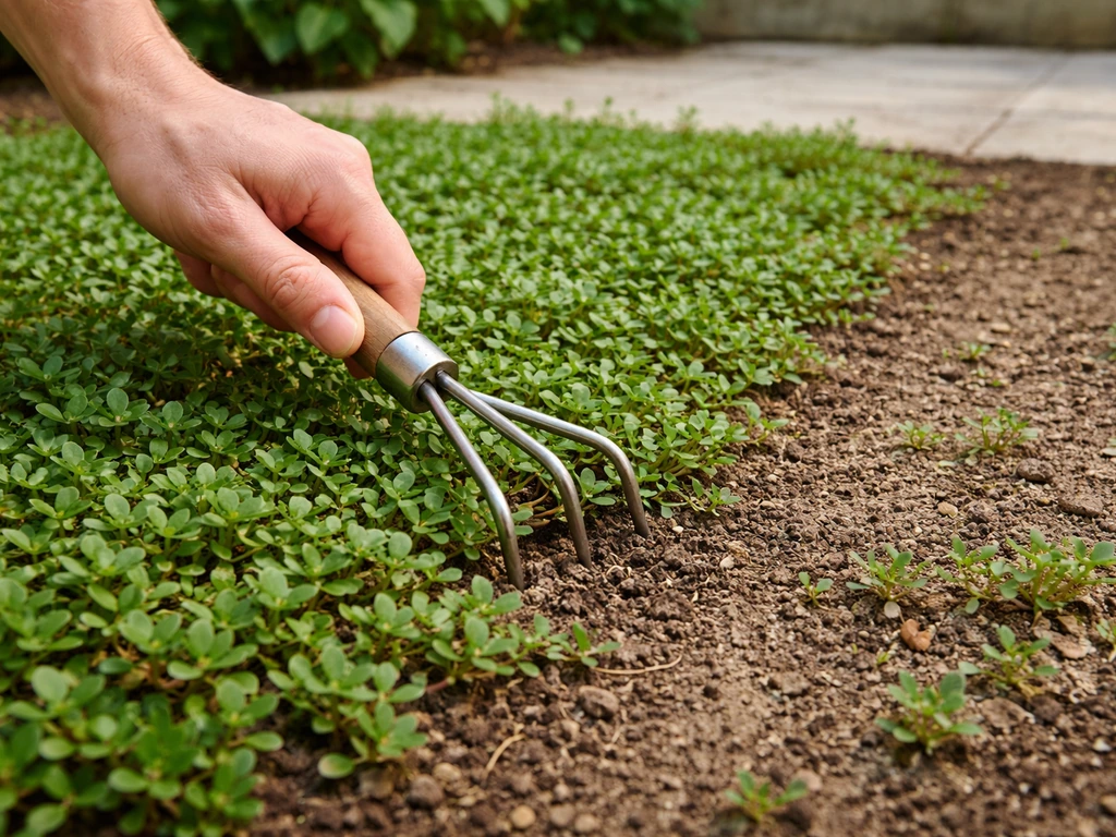 Jardinier pointe une zone infestée au sol, avec deux zones plus denses et plus clairsemées de végétation.