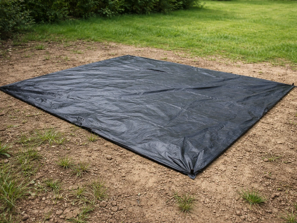 Zone de pelouse infestée couverte par une voile opaque noire maintenue au sol, vue au ras du jardin.