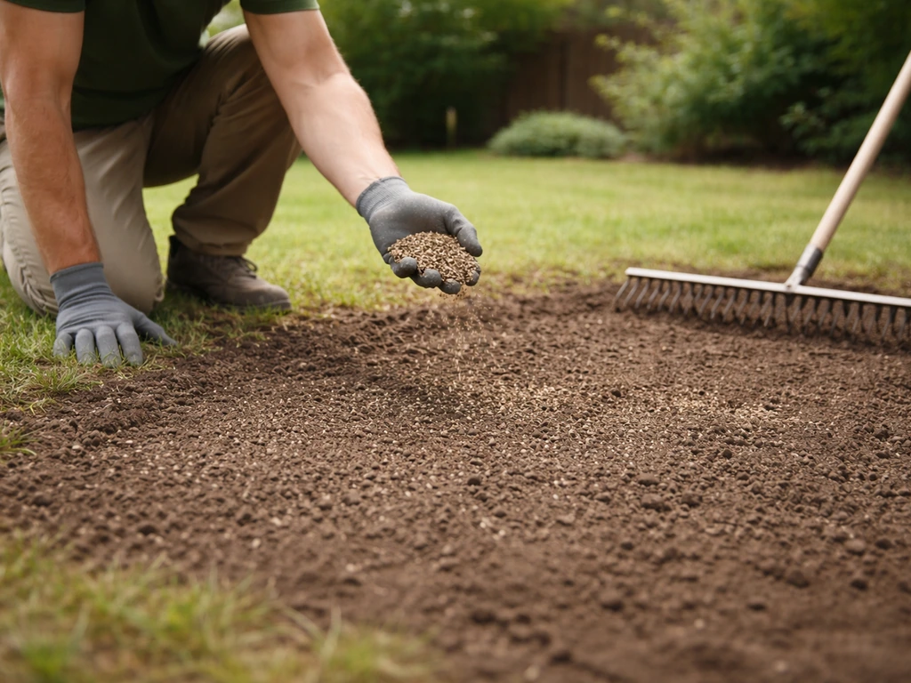 Un jardinier étale terreau et graines de gazon puis ratisse légèrement pour regarnir la pelouse.