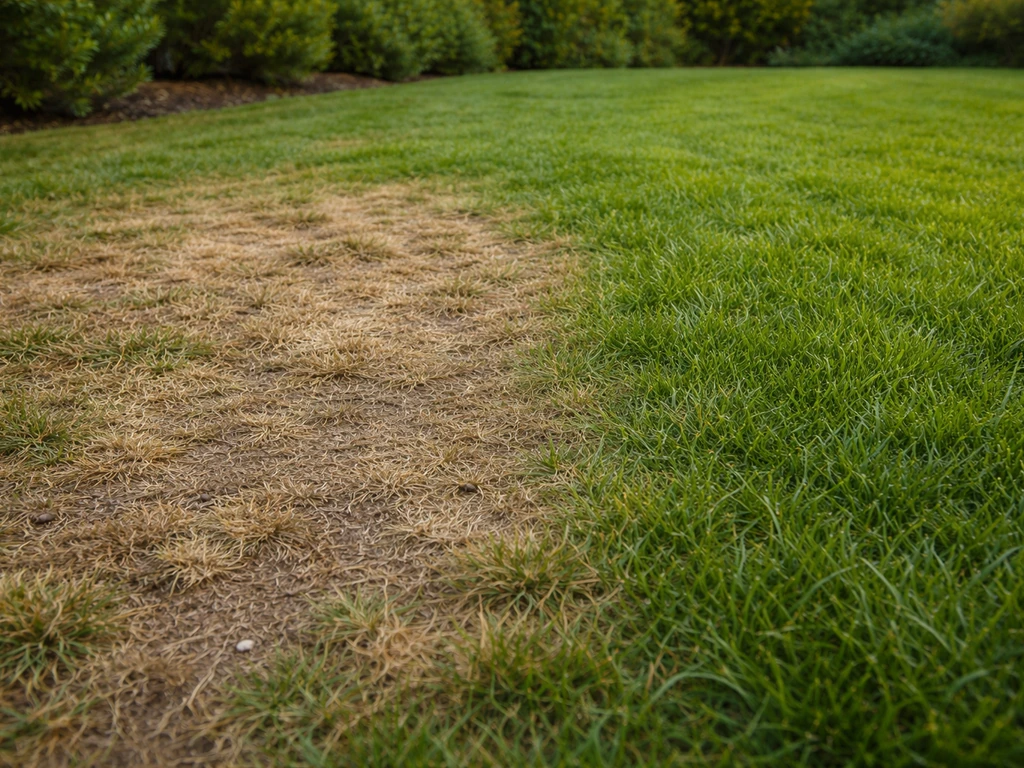 Pelouse de jardin avec zones brunes de gazon mort et une zone verte en bon état, avant rénovation durable.